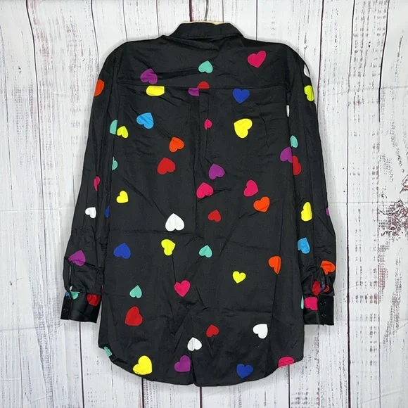 New York & Company NWT Size L Black - Heart Print Button Down Shirt Top - Picture 2 of 3